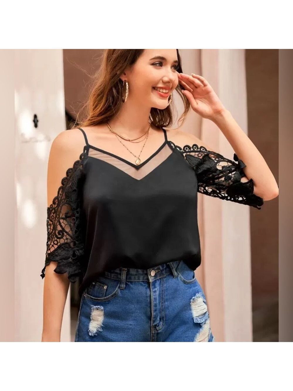 New Cold Shoulder Guipure Lace Sleeve Blouse in Black Size XL